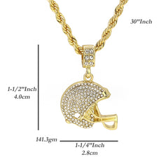 Football Helmet Pendant 30" Rope Chain Hip Hop Style 18k Gold Plated