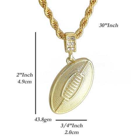 3D Football Pendant 30" Rope Chain Hip Hop Style 18k Gold Plated
