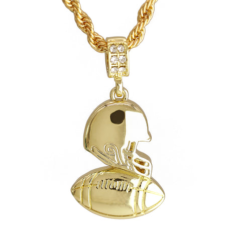 Football-Helmet Pendant 30" Rope Chain Hip Hop Style 18k Gold Plated