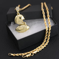 Football-Helmet Pendant 30" Rope Chain Hip Hop Style 18k Gold Plated