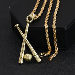 Baseball & Bat Pendant 30" Rope Chain Hip Hop Style 18k Gold Plated