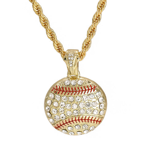 Cz Baseball Pendant 30" Rope Chain Hip Hop Style 18k Gold Plated