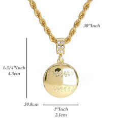 Plain Baseball Pendant 30" Rope Chain Hip Hop Style 18k Gold Plated