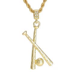 Baseball & Bat Pendant 30" Rope Chain Hip Hop Style 18k Gold Plated