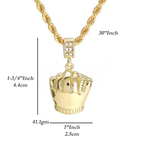 Baseball Glove mitts Pendant 30" Rope Chain Hip Hop Style 18k Gold Plated