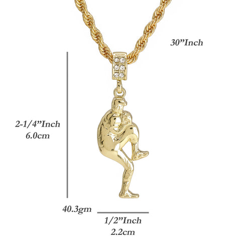 Baseball Picher Pendant 30" Rope Chain Hip Hop Style 18k Gold Plated