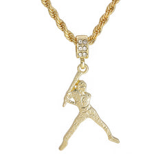 Baseball Player Pendant 30" Rope Chain Hip Hop Style 18k Gold Plated