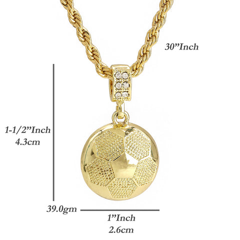 Soccer Ball Pendant 30" Rope Chain Hip Hop Style 18k Gold Plated