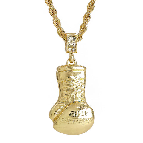 Boxing Glove Shield Of strength Engraved Pendant 30" Rope Chain Hip Hop Style 18k Gold Plated
