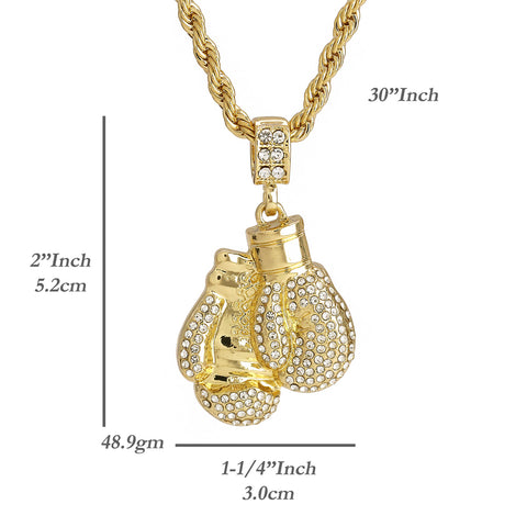 Fully Iced Boxing Gloves Pendant 30" Rope Chain Hip Hop Style 18k Gold Plated