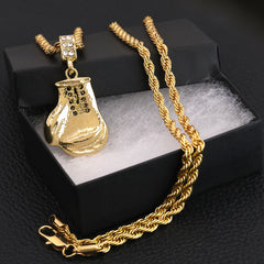 Boxing Mitt Glove Pendant 30" Rope Chain Hip Hop Style 18k Gold Plated