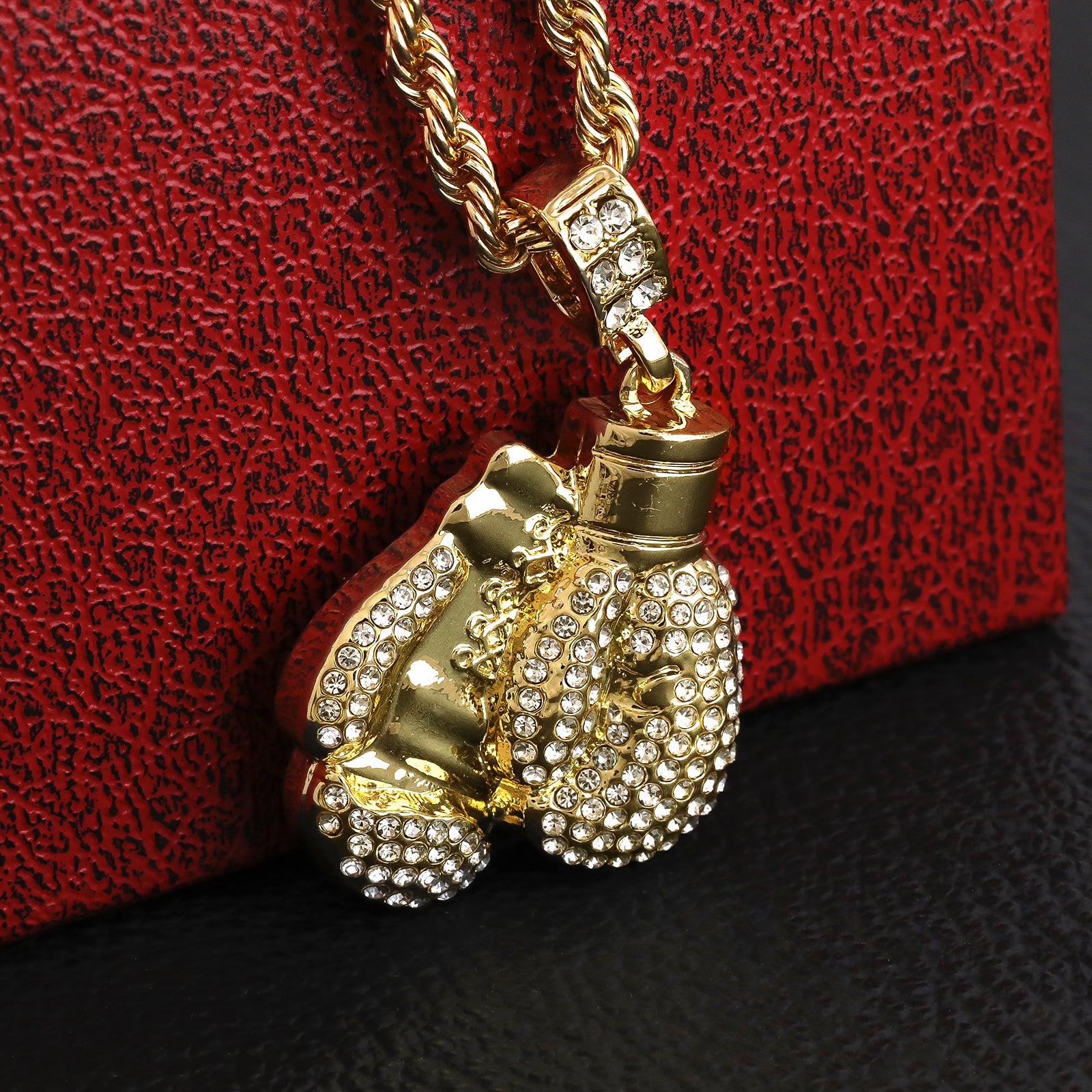 Fully Iced Boxing Gloves Pendant 30" Rope Chain Hip Hop Style 18k Gold Plated