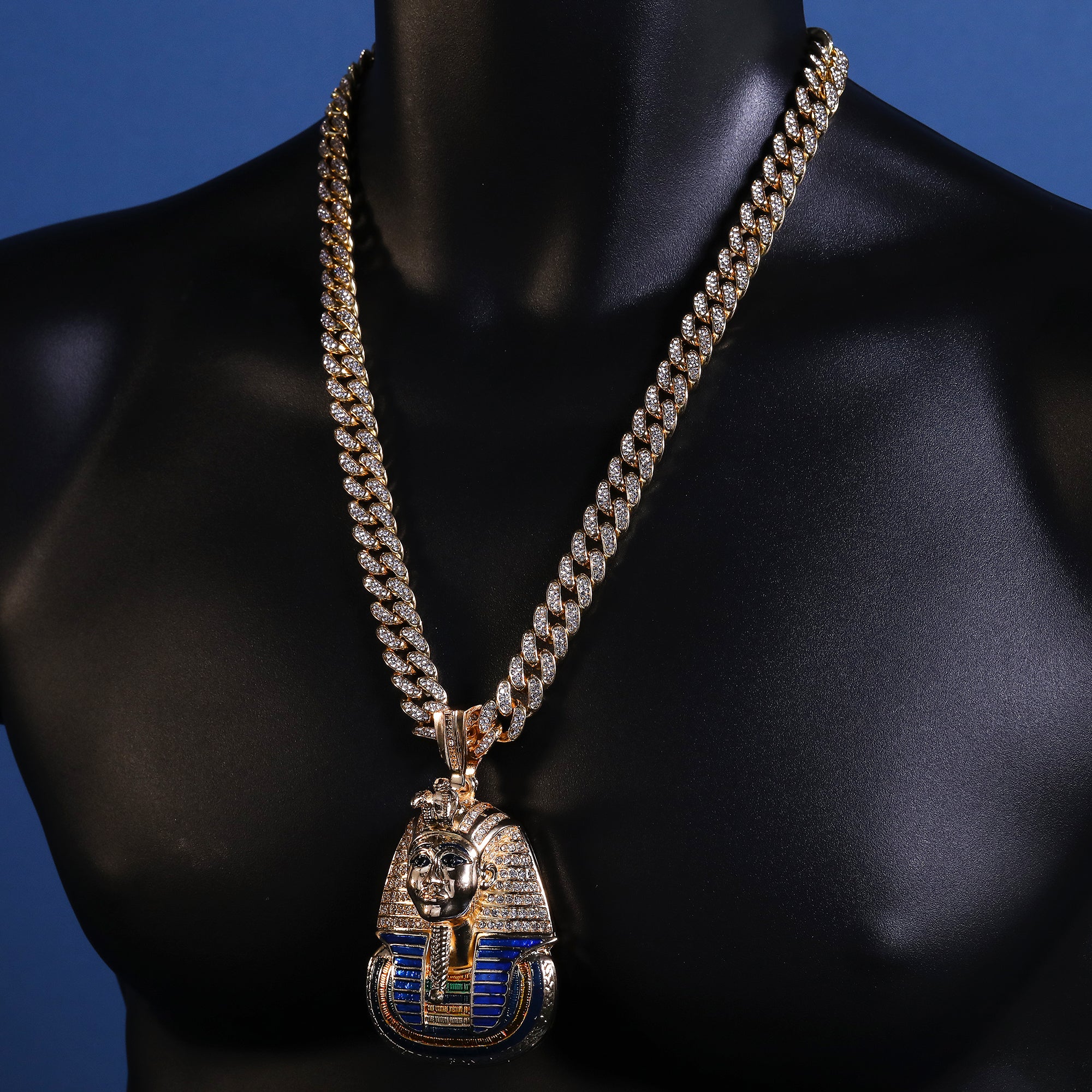 Hip Hop Fully Iced Large Gold Plated Egyptian Pharaoh Pendant Cuban Chain 18 - 24"