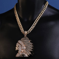 Hip Hop Fully Iced Large Gold Plated Indian Chief Head Pendant Cuban Chain 18 - 24"