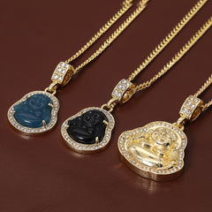 14k Gold Plated Black, Blue Buddha 3 Pendant Cubic-Zirconia 30 30 24 Cuban Chain