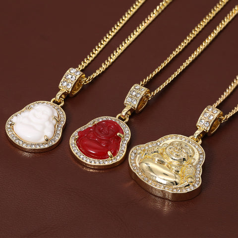 14k Gold Plated Red, White Buddha 3 Pendant Cubic-Zirconia 30 30 24 Cuban Chain