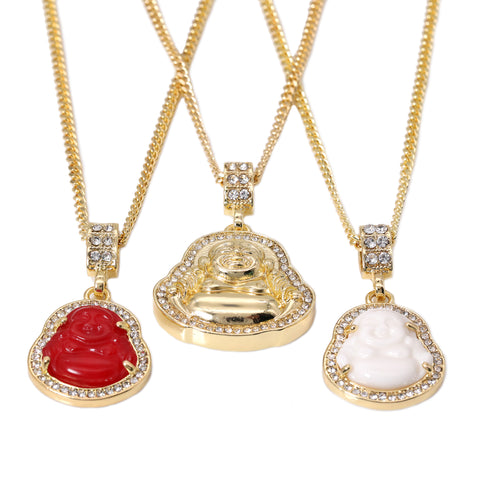 14k Gold Plated Red, White Buddha 3 Pendant Cubic-Zirconia 30 30 24 Cuban Chain