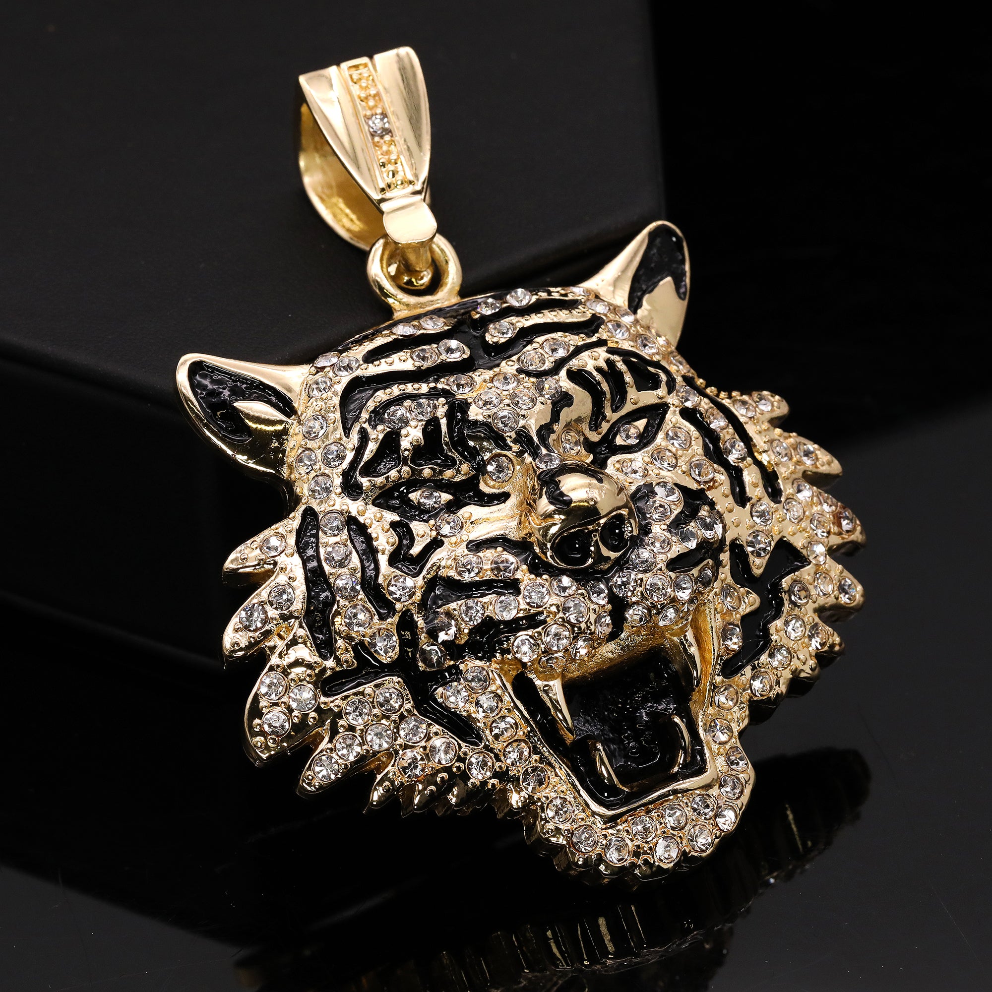 Hip Hop Fully Iced Large Gold Plated Tiger Face Pendant Cuban Chain 18 - 24"