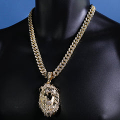 Hip Hop Fully Iced Large Gold Plated Roaring Lion Pendant Cuban Chain 18 - 24"