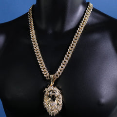 Hip Hop Fully Iced Large Gold Plated Roaring Lion Pendant Cuban Chain 18 - 24"