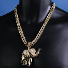 Hip Hop Fully Iced Large Gold Plated Elephant Pendant Cuban Chain 18 - 24"
