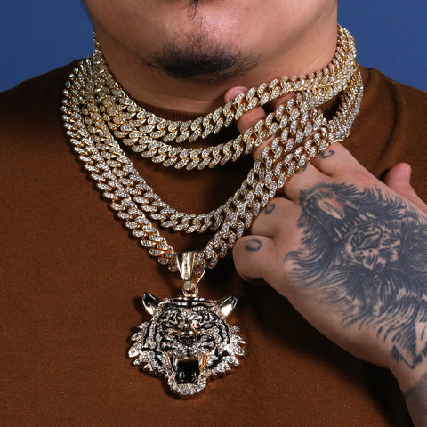 Hip Hop Fully Iced Large Gold Plated Tiger Face Pendant Cuban Chain 18 - 24"