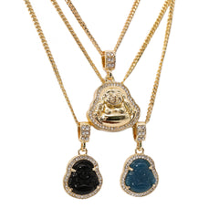 14k Gold Plated Black, Blue Buddha 3 Pendant Cubic-Zirconia 30 30 24 Cuban Chain