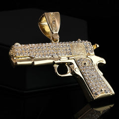 2pc Hip Hop Fully Iced Large Gold Plated Hand Gun Pendant Cuban Chain 18" -24"