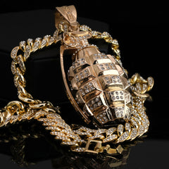 2pc Hip Hop Fully Iced Large Gold Plated Grenade Pendant Cuban Chain 18" -24"