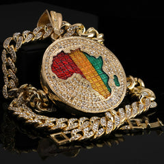 2pc Hip Hop Fully Iced Large Gold Plated Rasta Africa Pendant Cuban 18" -24"