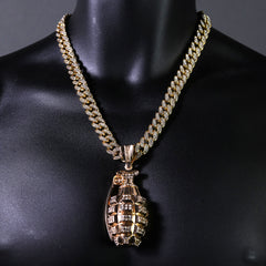 2pc Hip Hop Fully Iced Large Gold Plated Grenade Pendant Cuban Chain 18" -24"