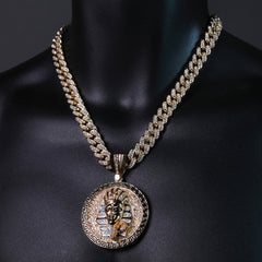 2pc Hip Hop Fully Iced Large Gold Plated Round Pharaoh Pendant Cuban 18" 24"