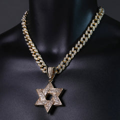 2pc Hip Hop Fully Iced Large Gold Plated Star of David Pendant Cuban 18" 24"