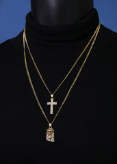 14k Gold Plated Micro Jesus & Thin Cross Cubic-Zirconia Set 20", 24" Cuban Chain