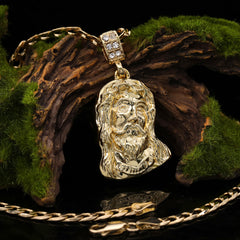 Catholic Sad Jesus Face Plain Pendant Cubic-Zirconia Gold Plated 18" Cuban Chain