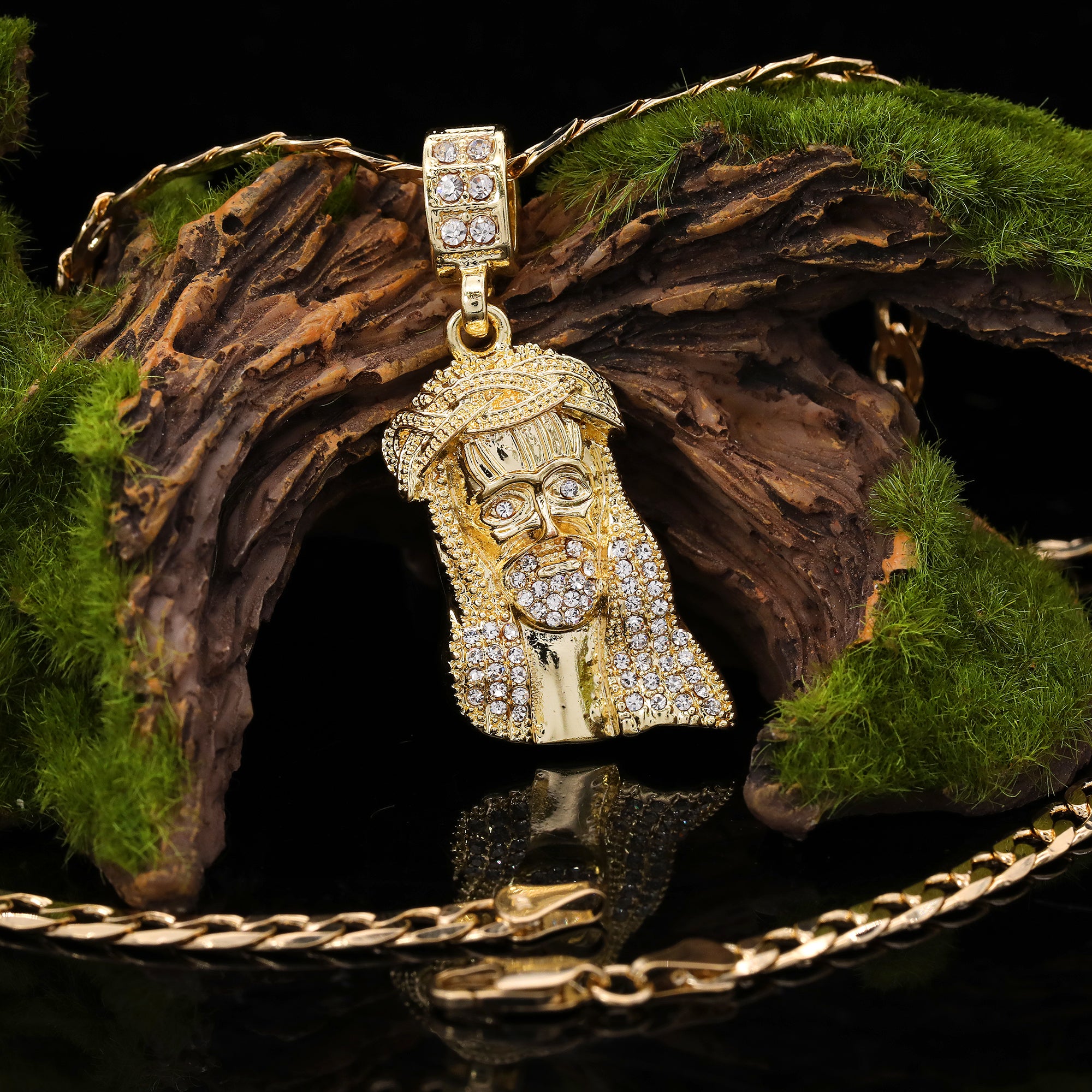 thumbnail image 2 of Men's 14k Gold Plated Jesus Face Pendant With CZ Stones On 24" Hip Hop Cuban Chain 2 of 6