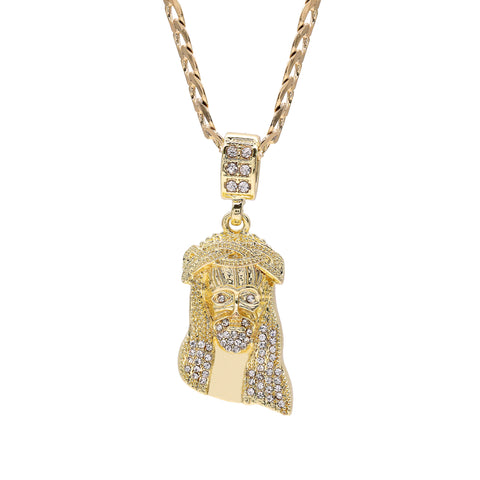 Infinity Crown Cz Jesus Face Pendant Cubic-Zirconia Gold Plated 18" Cuban Chain