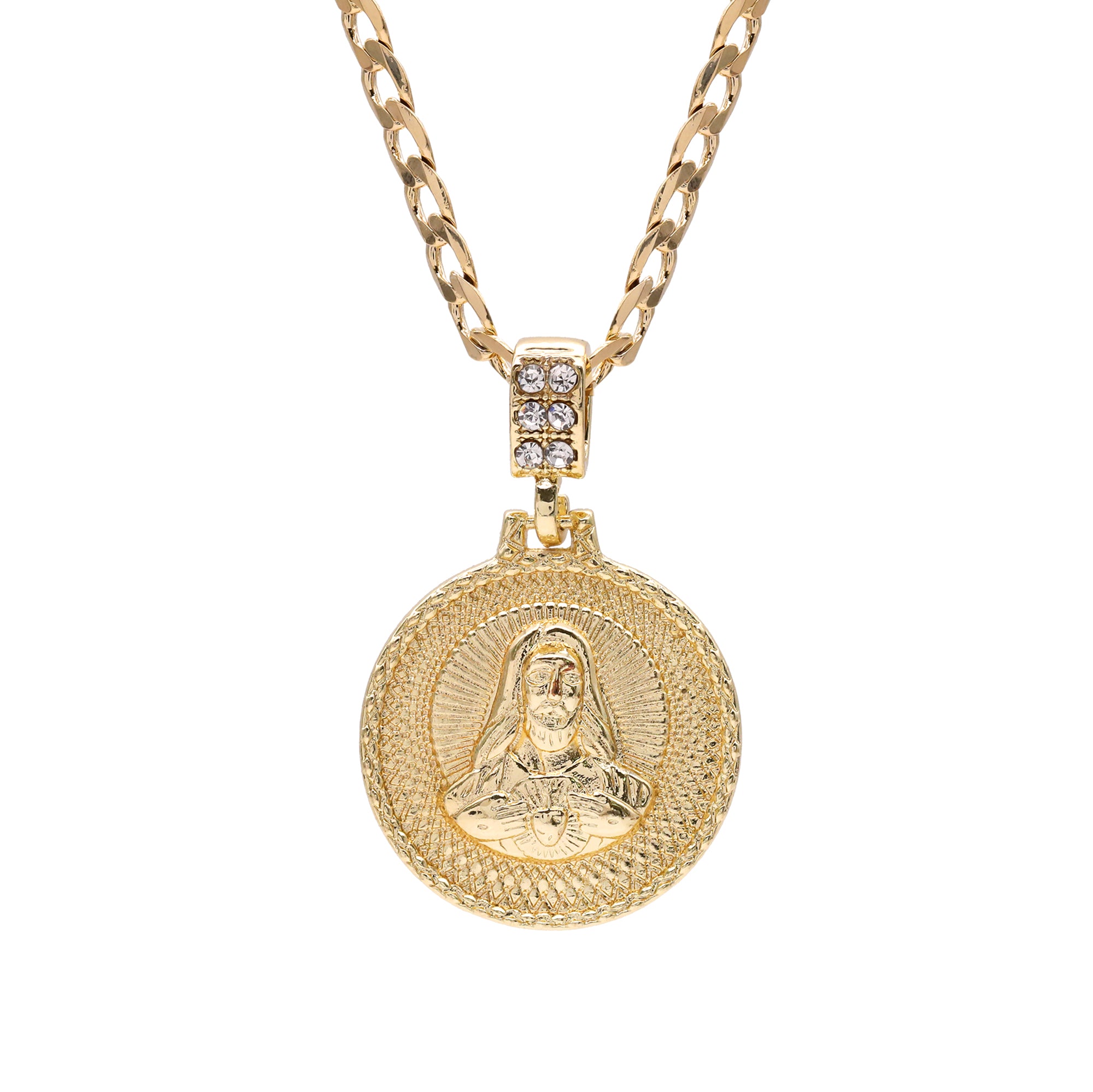 Catholic Round Jesus Heart Pendant Cubic-Zirconia Gold Plated 18" Cuban Chain
