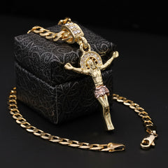 Catholic Crucifix Jesus Pendant Cubic-Zirconia Gold Plated 18" Cuban Chain