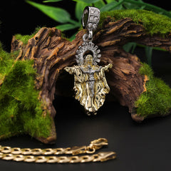 Catholic Guadalupe & Jesus Pendant Cubic-Zirconia Gold Plated 18" Cuban Chain