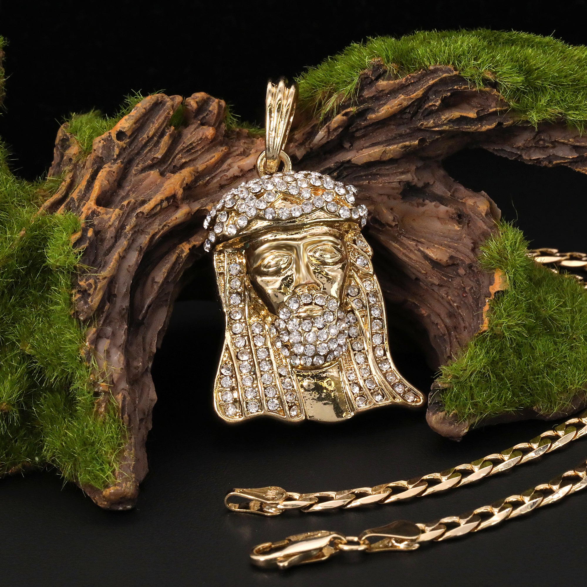 Catholic Bearded Jesus Face Pendant Cubic-Zirconia Gold Plated 18" Cuban Chain