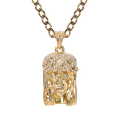 Catholic Crowned Jesus Face Pendant Cubic-Zirconia Gold Plated 18" Cuban Chain