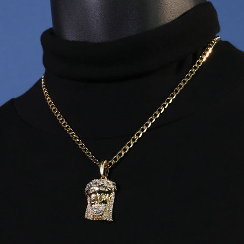Catholic Jesus Face Pendant Cubic-Zirconia Gold Plated 18" Cuban Chain