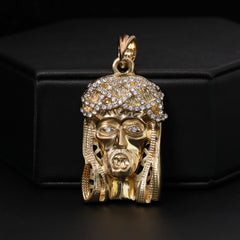 Catholic Crowned Jesus Face & Hollow X Cross Pendant Cubic-Zirconia Gold Plated