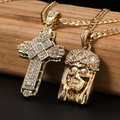 Catholic Crowned Jesus Face & Hollow X Cross Pendant Cubic-Zirconia Gold Plated