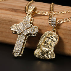 Catholic Sad Jesus Face & Hollow X Cross Pendant Cubic-Zirconia Gold Plated Cuban 20, 24
