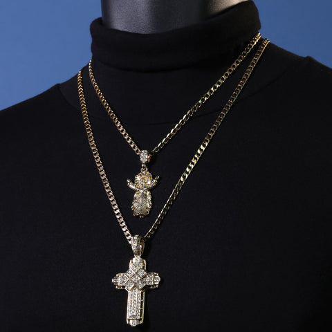 Catholic Risen Jesus & Hollow X Cross Pendant Cubic-Zirconia Gold Plated