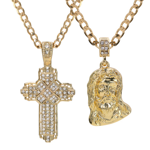 Catholic Sad Jesus Face & Hollow X Cross Pendant Cubic-Zirconia Gold Plated Cuban 20, 24