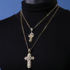 Child Jesus Worship & Hollow X Cross Pendant 20, 24" Cubic-Zirconia Gold Plated