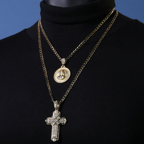 Round Jesus Heart & Hollow X Cross Pendant 20, 24" Cubic-Zirconia Gold Plated Cuban Chain